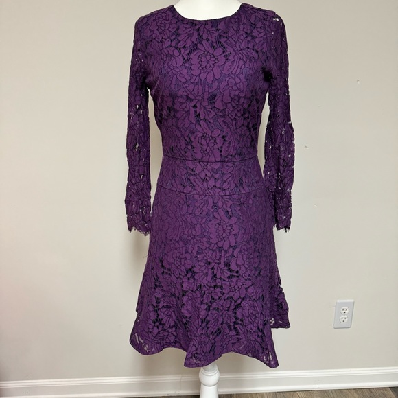 J.CREW PURPLE LACE RUFFLE HEM DRESS WITH 3/4 SLEEVES SIZE 0 - Picture 2 of 9